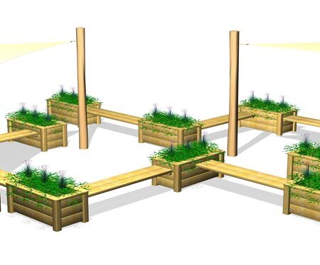 Sittgrupp med solsegel och blomlådor