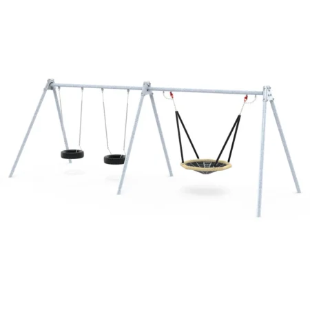 Gungstativ av metallmodul med 2 däckgungor och 1 fågelbogunga